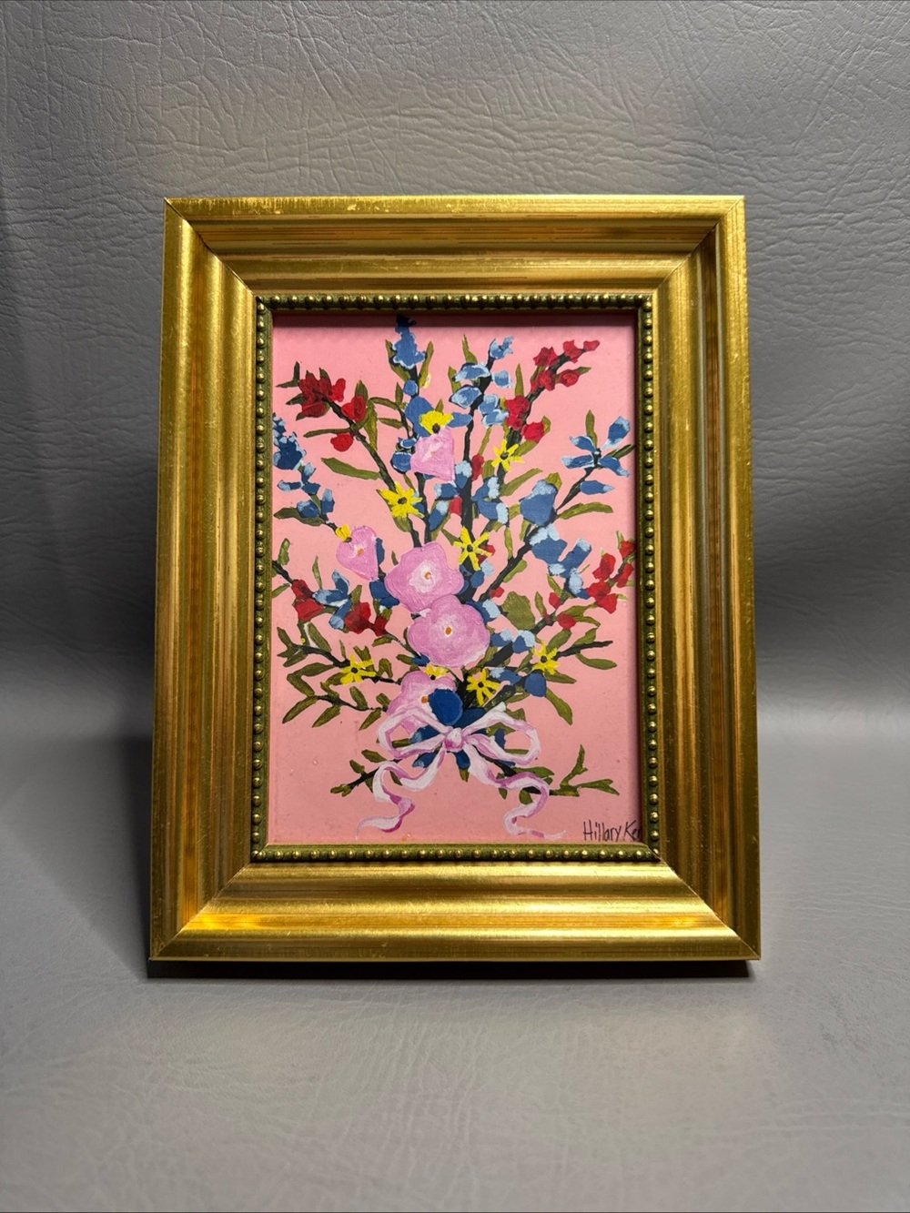Gold Framed Pink Floral Art 9”x7”